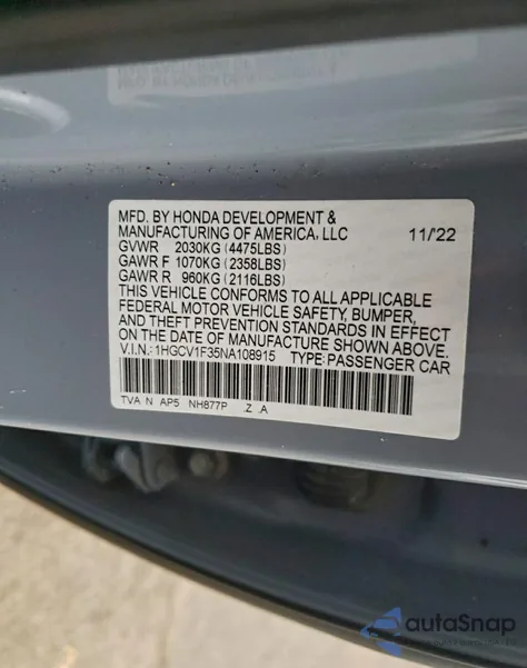 2022 Honda Accord Sport z USA, uszkodzony, nr VIN 1HGCV1F35NA108915